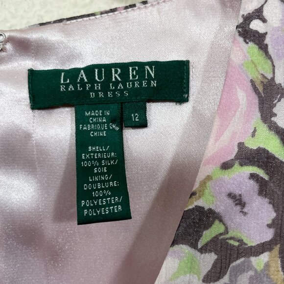Lauren Ralph Lauren Size 12 100% Silk Dress Floral Sleeveless Pink Gray Pleated - Picture 4 of 4
